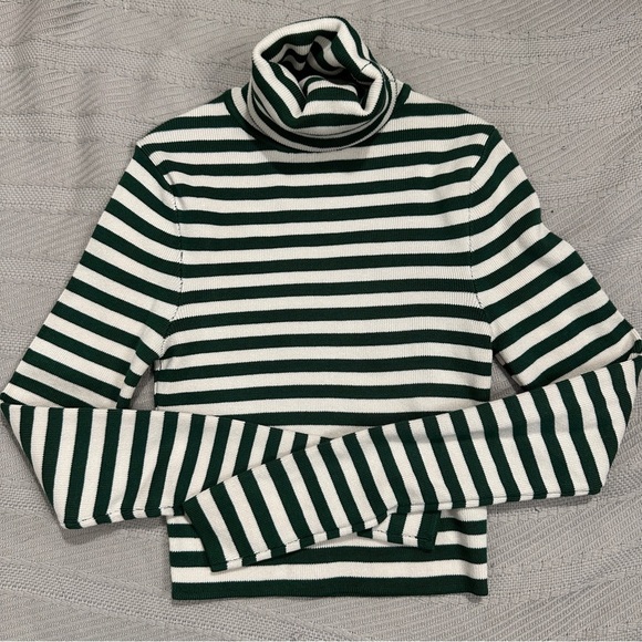 Zara XS green/white striped cropped turtleneck, stretchy, long sleeve - Picture 1 of 14